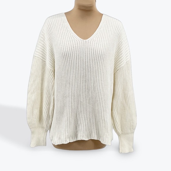 Tommy Bahama Sweaters - Tommy‎ Bahama Cream V Neck Ribbed Knit Sweater M/M Balloon Sleeve Cotton Blend